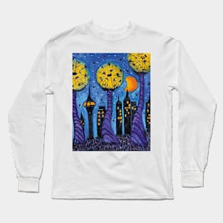 Night city with skyscrapers in the style of a dandelion world Long Sleeve T-Shirt